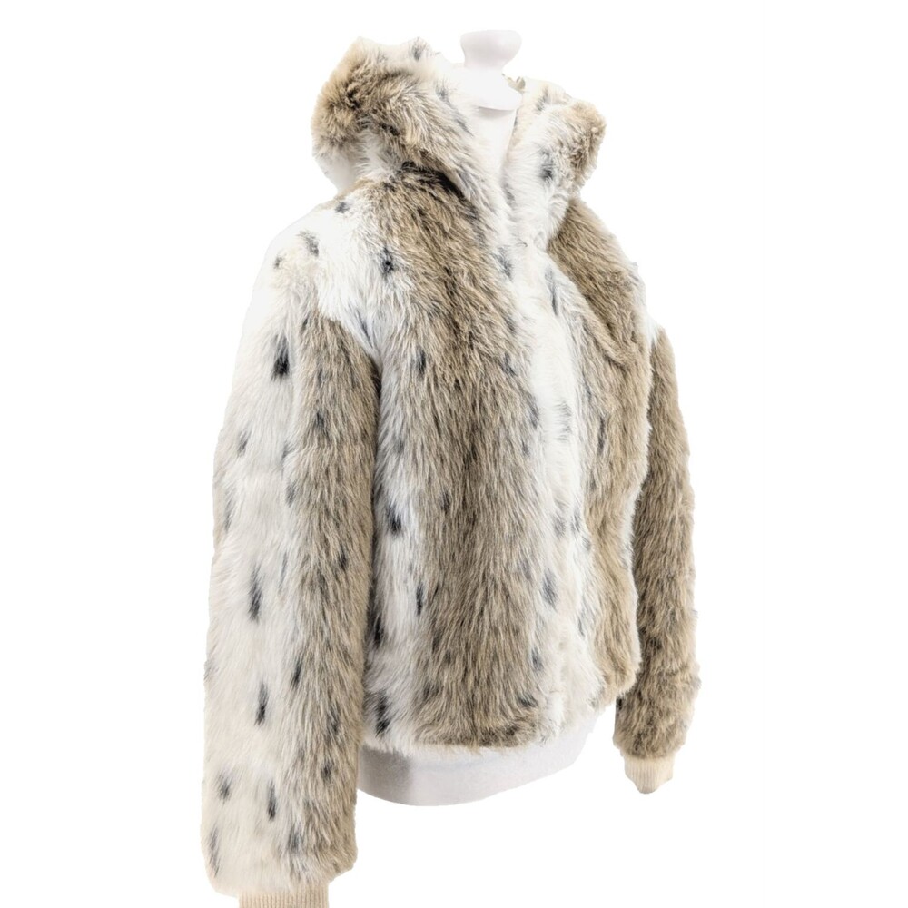 Vintage White Brown Lynx Bobcat Snow Faux Fur Handmade Hooded Full Zip Coat S/M